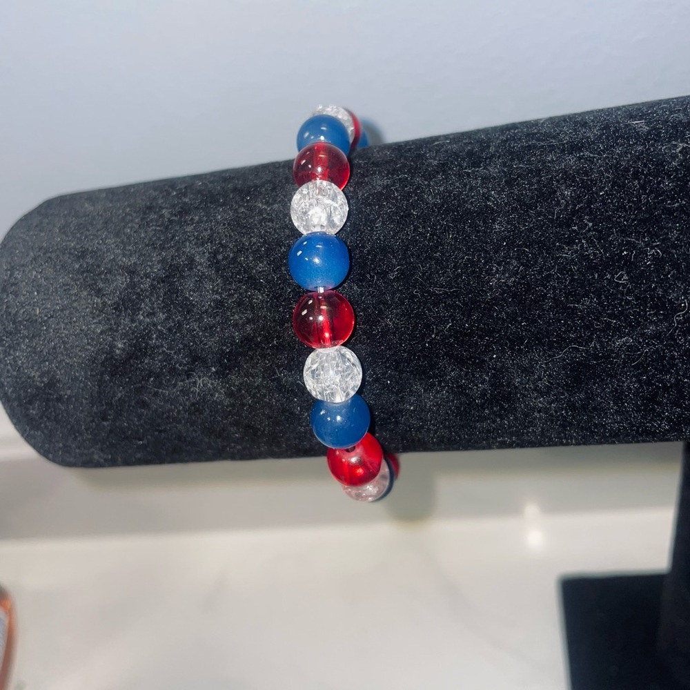 Handmade Beaded Bracelet in Red, Blue, and Silver